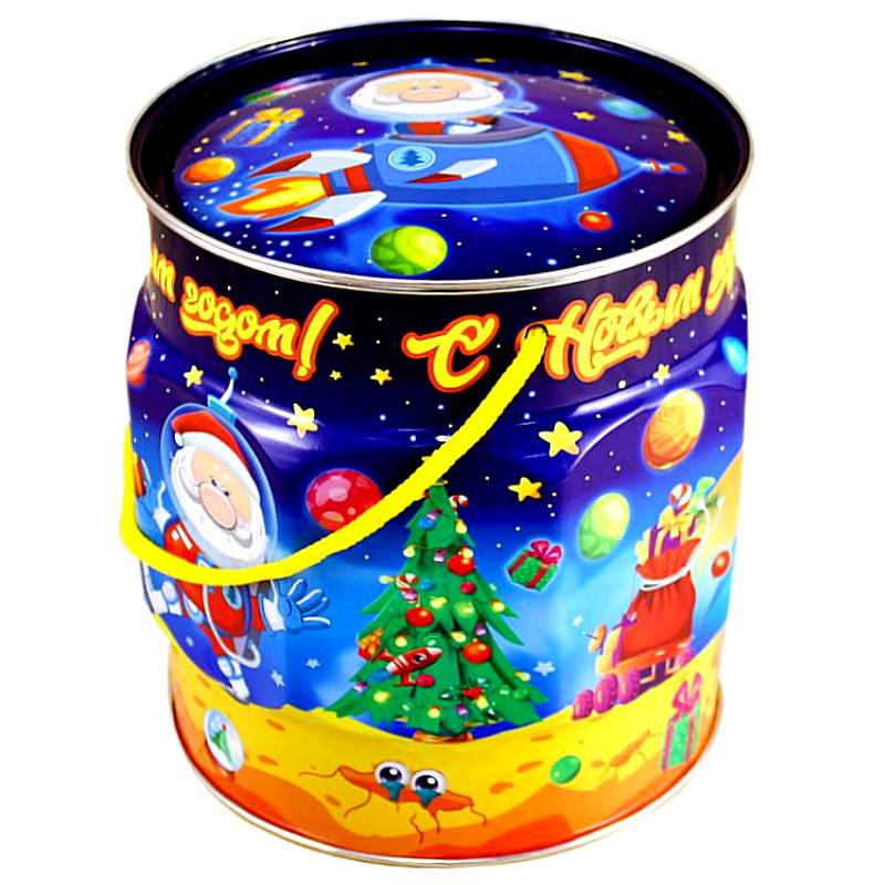 Детский новогодний подарок в жестяной упаковке весом 1200 грамм